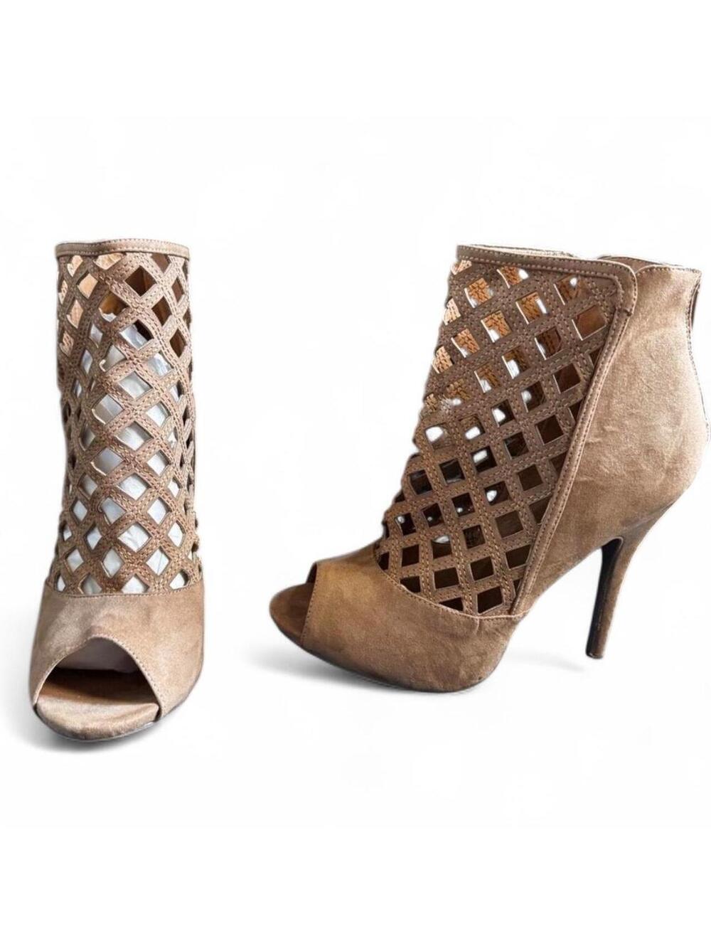 Tan suede high heel ankle boots w/diamond cutouts #glamour